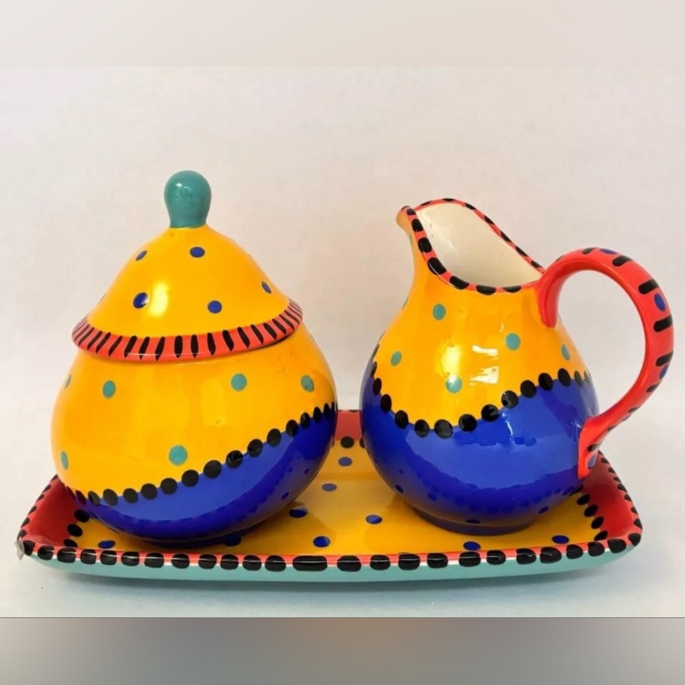 Beautiful modern Chris Bubany Hand-Painted Art Pottery Creamer & Sugar Set
